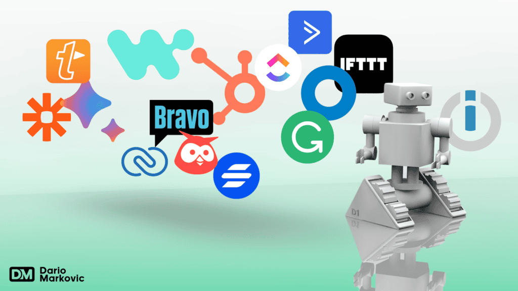 A digital illustration featuring a robot with a humanoid shape standing in the center, surrounded by various colorful application icons such as Zapier, IFTTT, and Google.