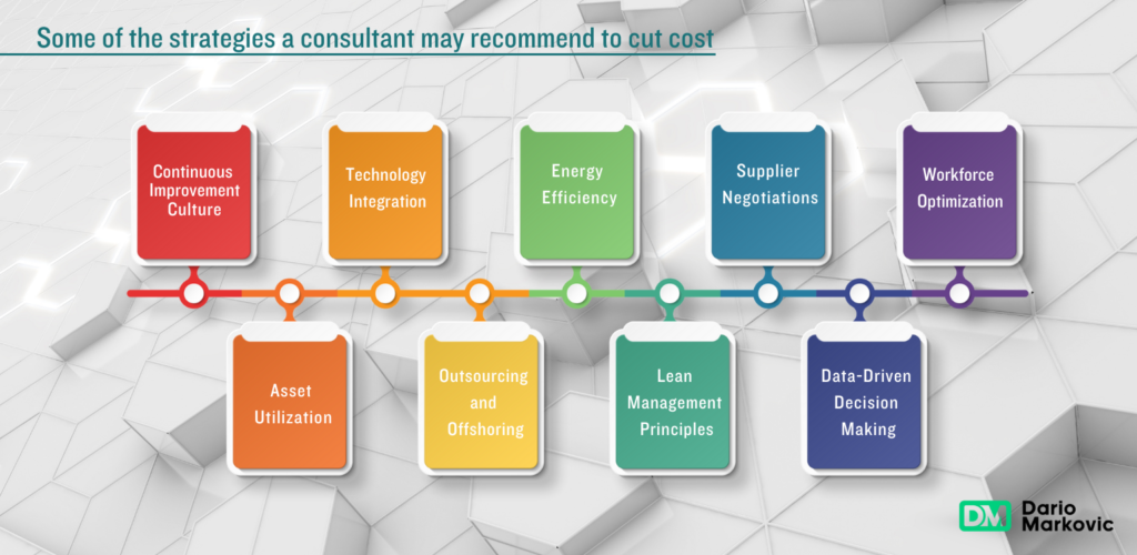 Consulting services: a graph showing various strategies to cut cost in a company.